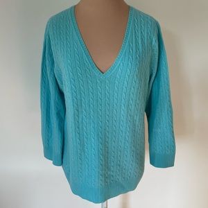 Lilly Pulitzer 100% Cashmere Cable Knit 3/4 Sleeve Blue V-Neck Sweater L…
